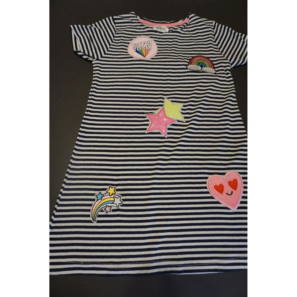 Lola + The Boys Girls Navy White Striped Patch T-Shirt Dress Size 8 Rainbow Star